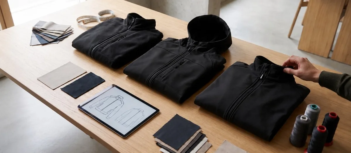 Table de conception avec vestes, croquis tablette et échantillons textiles — étape conception