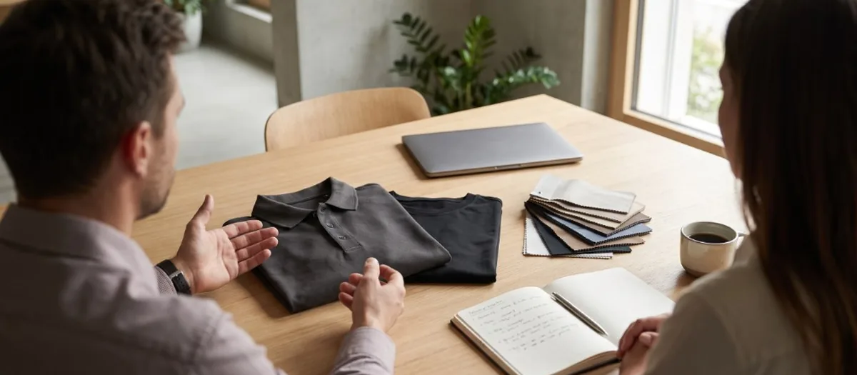 Consultation client avec échantillons textile — étape écoute